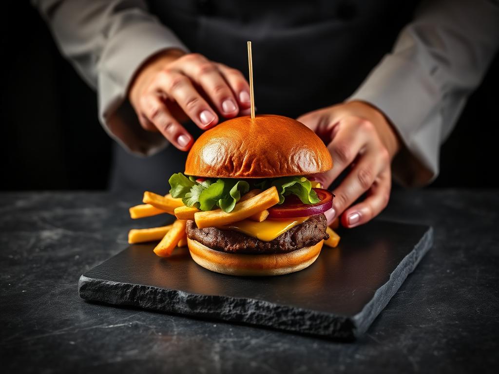 Chef plating a gourmet burger with fries