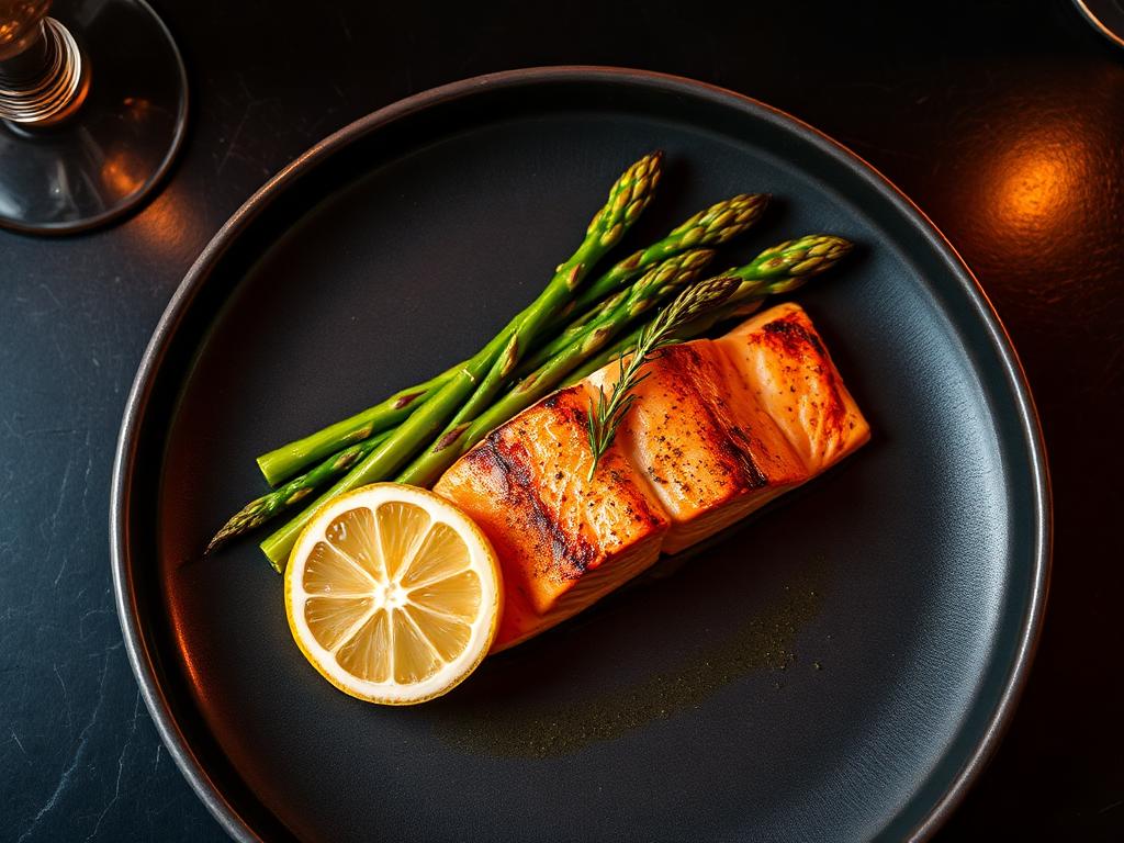 Grilled salmon with charred lemon and asparagus